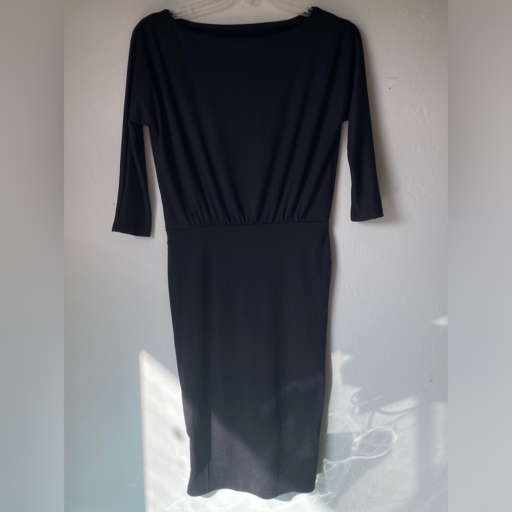 NWT Tntiyo Women Black Micro-Ribbed Midi Dress (3/4 Sleeve, Boat Neck Size M